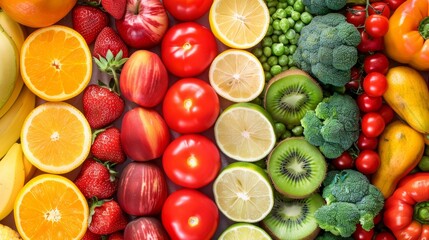 Vibrant selection of assorted fresh fruits and vegetables arranged in a colorful display