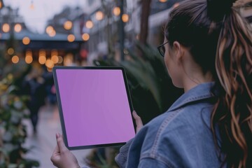 Application mockupover the shoulder shot of a woman holding a tablet with a fully purple screen