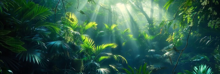 Fototapeta na wymiar This captivating image portrays sunlight filtering through a dense jungle canopy, creating a tranquil and otherworldly scene