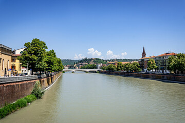 Verona, Italy - August 16 2023: San Pietro verona italy on a hill with cypress trees. Adige river...