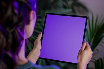 Display mockup from a shoulder angle of a girl holding a tablet with a fully purple screen