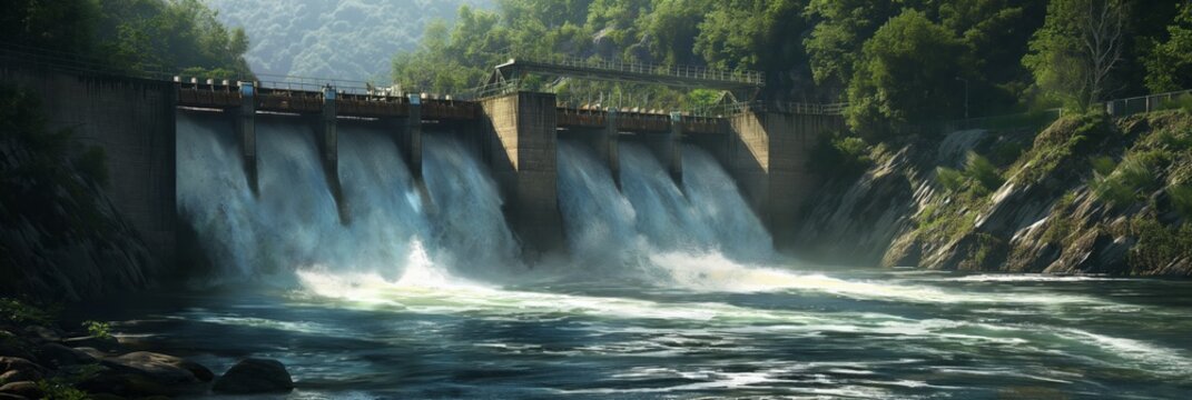 A powerful image of water forcefully cascading down a dam surrounded by lush greenery under the sunlight