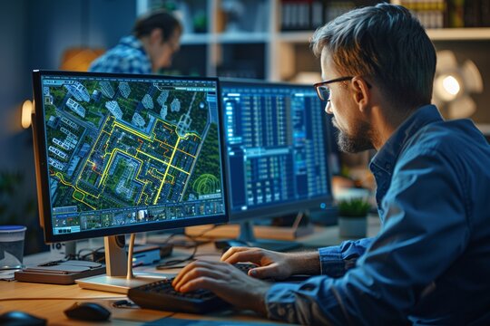 Civil engineer using simulation software to plan city layouts, gamelike interface, medium shot, innovative