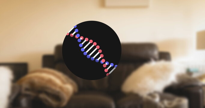 Image of dna strand over interior of living room - Powered by Adobe
