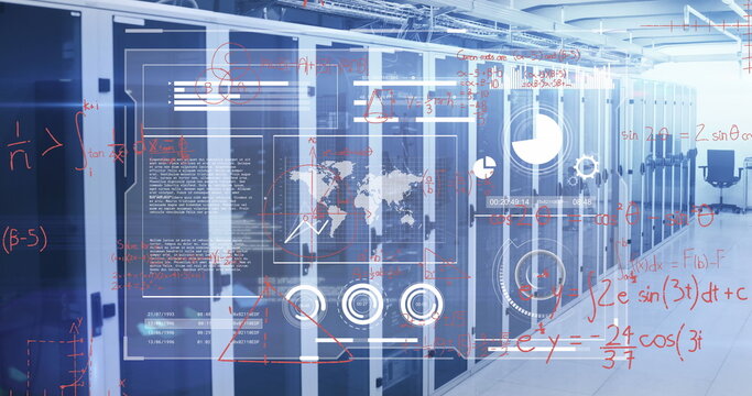 Image of graphs, map, database and mathematical equations over server room in background