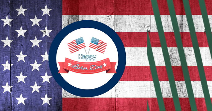 Naklejki Image of hapy labor day over flag of usa and green lines