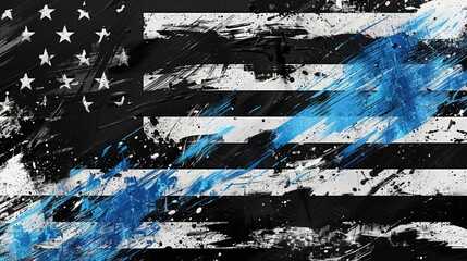 Grunge Black and White USA Flag with a Futuristic Blue Stripe Background. Geometric and Abstract Design for Illustrations and Graphics. 16:9 Ratio