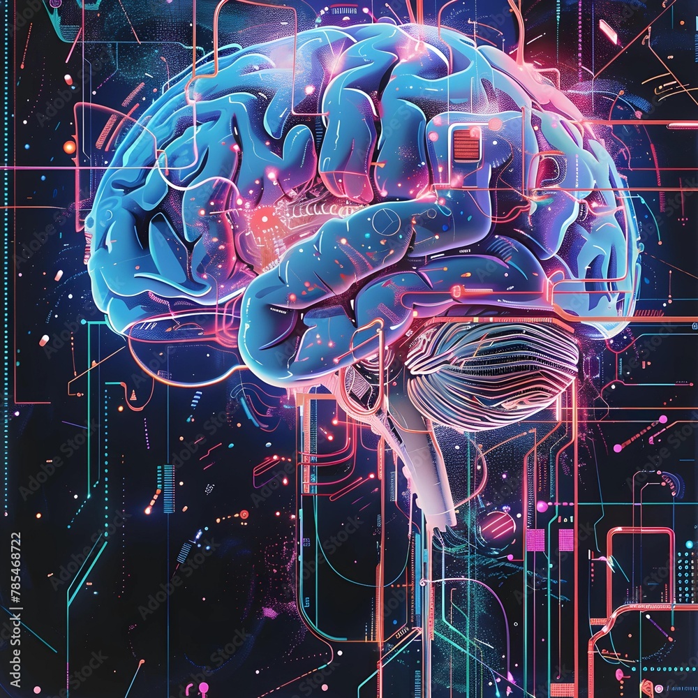 Poster A digital brain hovers over a circuit board, symbolizing advanced interface technology and the fusion of biology with computing.