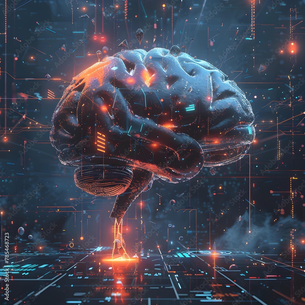 Aufkleber a digital brain hovers over a circuit board, symbolizing advanced interface technology and the fusio