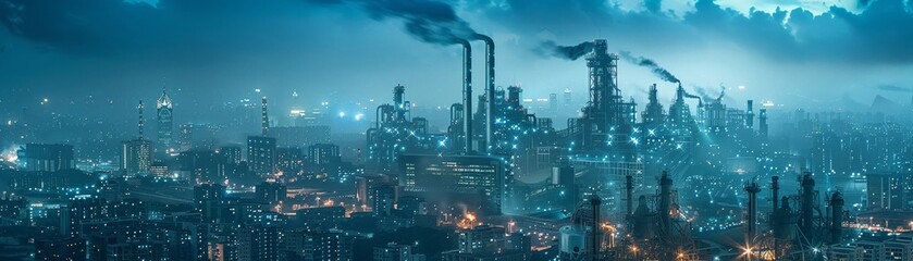 Hidden factory beneath a cityscape, producing unknown tech, night, secretive and massive, wide shot