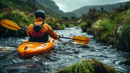 Individual kayaker navigating through river rapids, lush green banks, closeup, exhilarating solitude