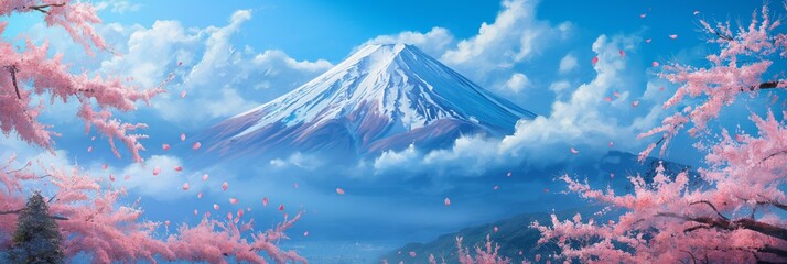 Captivating view of Mount Fuji surrounded by cherry blossoms and a serene cloudscape evoking a peaceful, spring day in Japan - obrazy, fototapety, plakaty