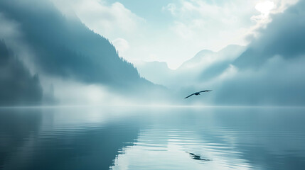Birds flying over the water in the lake.