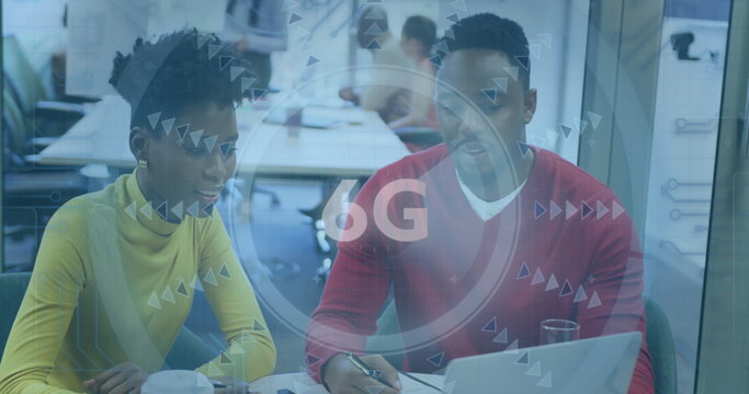 Image of data processing and 6g text over african american business people in office