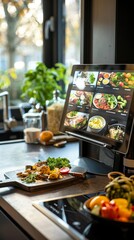 Popup monitor on a kitchen counter displaying recipes, practical and convenient, closeup