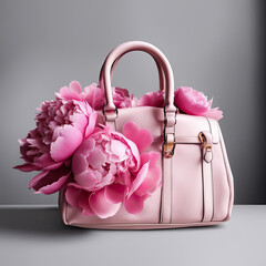 A pink lady's bag is decorated with large purple peony flowers. sweet romantic ladies accessory decorated with a scattering of flowers