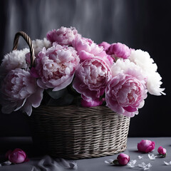 a beautiful combination of pink flowers standing in a wicker basket. flowers are neatly arranged in a basket on the table. close-up of pink peonies, flowers, wicker basket, vase, table, pot with plant