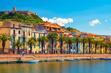 Picturesque view of Bosa town along Temo River in Sardinia, Italy, with Castle of Serravalle,...