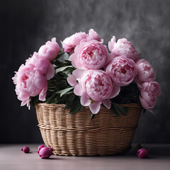 a beautiful combination of pink flowers standing in a wicker basket. flowers are neatly arranged in a basket on the table. close-up of pink peonies, flowers, wicker basket, vase, table, pot with plant