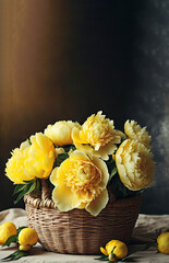 a beautiful combination of yellow flowers standing in a wicker basket. Flowers are neatly arranged in a basket on the table. Close-up of pink peonies