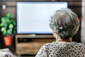 App view beside a shoulder of a senior woman in front of an smart-tv with a fully white screen