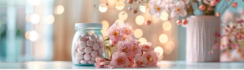 Wellness clinic offering floral therapy pills, soft pastel decor, calm and soothing atmosphere, medium shot