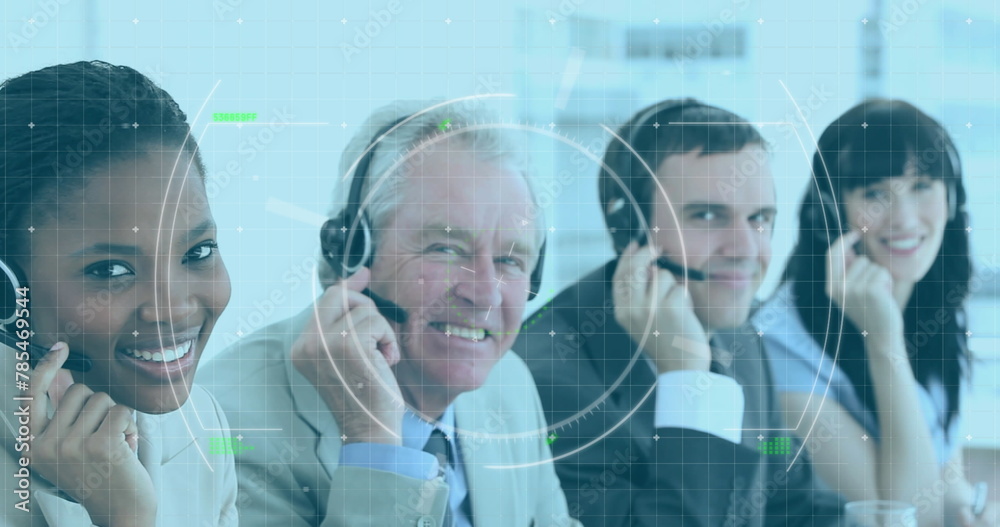 Poster Image of scope scanning over diverse business people using phone headsets