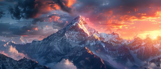Illustrate a breathtaking digital rendering of a majestic mountain range at sunset, with dramatic shadows and warm hues blending seamlessly in a photorealistic style - obrazy, fototapety, plakaty