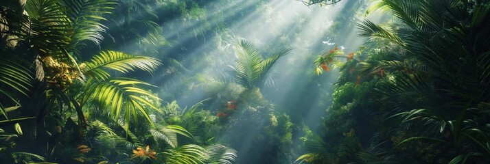 A captivating image capturing sunbeams breaking through the verdant canopy of a dense, tropical rainforest - obrazy, fototapety, plakaty