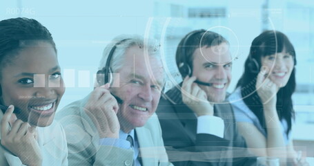 Image of data processing over diverse business people using phone headsets