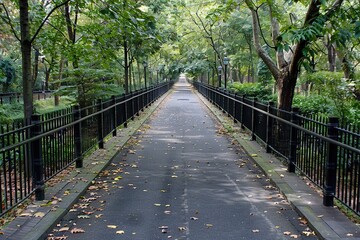Path with metal railings on the sides and trees. The road is surrounded by greenery, creating shade where pedestrians can walk while enjoying the beauty of nature. Harmony of nature and city