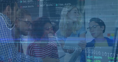 Image of stock market data processing over diverse colleagues discussing over a digital tablet