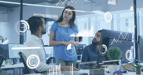 Image of data processing over diverse business people in office