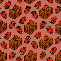 Seamless pattern with small cakes and strawberries on pink background. Vector image.