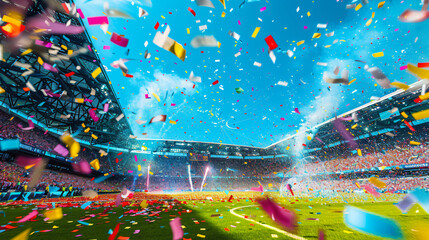 Soccer stadium with confetti as its peak moment background