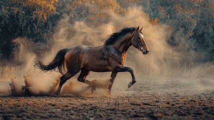 Majestic Horse Trotting in a Dusty Paddock: Elegance and Power of Equine Freedom