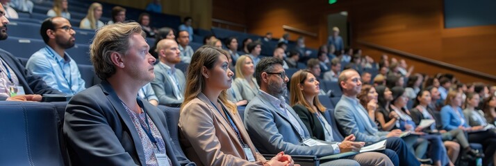 Professional audience focused on a presentation in a large lecture hall