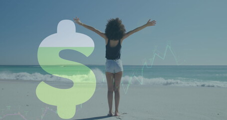 Image of american dollar sign and financial data processing over woman on beach