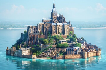 AI-generated vector art of Mont Saint-Michel with a tranquil sea and soft clouds, embodying peacefulness