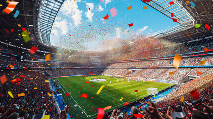 Soccer stadium with confetti as its peak moment background