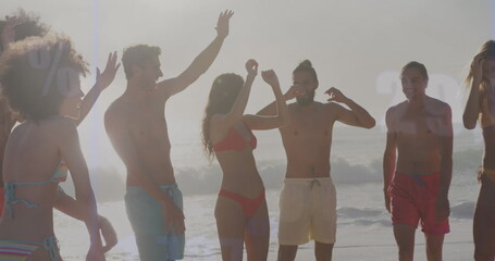 Fototapeta premium Image of financial data processing over friends on beach