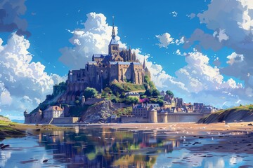AI-generated serene daytime scene of Mont Saint-Michel with fluffy clouds mirrored in tranquil waters