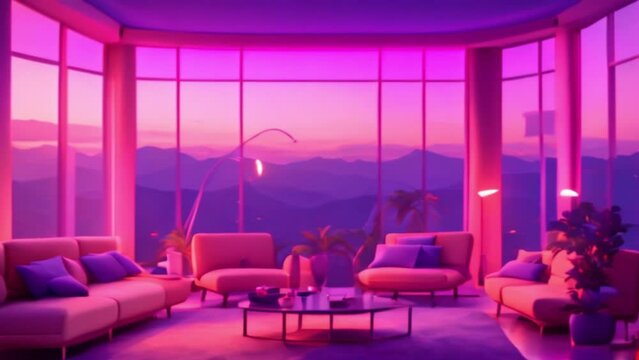 Peaceful lofi music living room, pink and purple sunset lit room