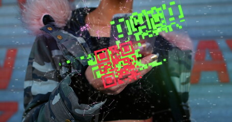 Image of qr code and connected dots over caucasian hipster woman using smartphone on street