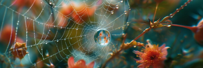 A high-definition macro of a spider web glistening with dew and reflecting a vibrant flower