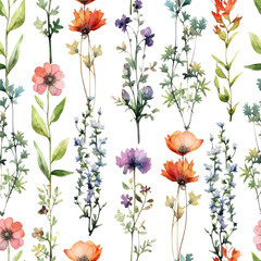 Watercolor seamless pattern wildflowers floral illustration: summer flower, blossom, poppies, chamomile, dandelions, cornflowers, lavender, violet, bluebell, clover, buttercup. Generative AI - obrazy, fototapety, plakaty