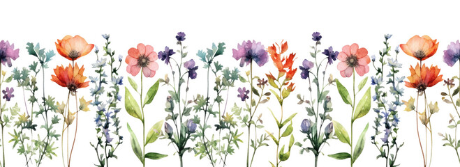 Watercolor border wildflowers floral illustration: summer flower, blossom, poppies, chamomile, dandelions, cornflowers, lavender, violet, bluebell, clover, buttercup. Generative AI