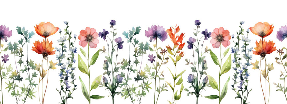 Fototapeta Watercolor border wildflowers floral illustration: summer flower, blossom, poppies, chamomile, dandelions, cornflowers, lavender, violet, bluebell, clover, buttercup. Generative AI