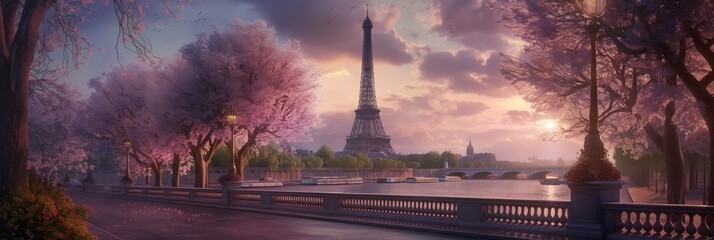 Captivating scene of Paris with the Eiffel Tower surrounded by blooming cherry blossoms under a dreamy sky