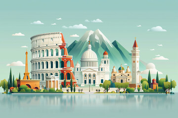 Serene vector showcase of Italian landmarks reflected on water at dusk, with tranquil mountains and sky, AI Generated. - obrazy, fototapety, plakaty